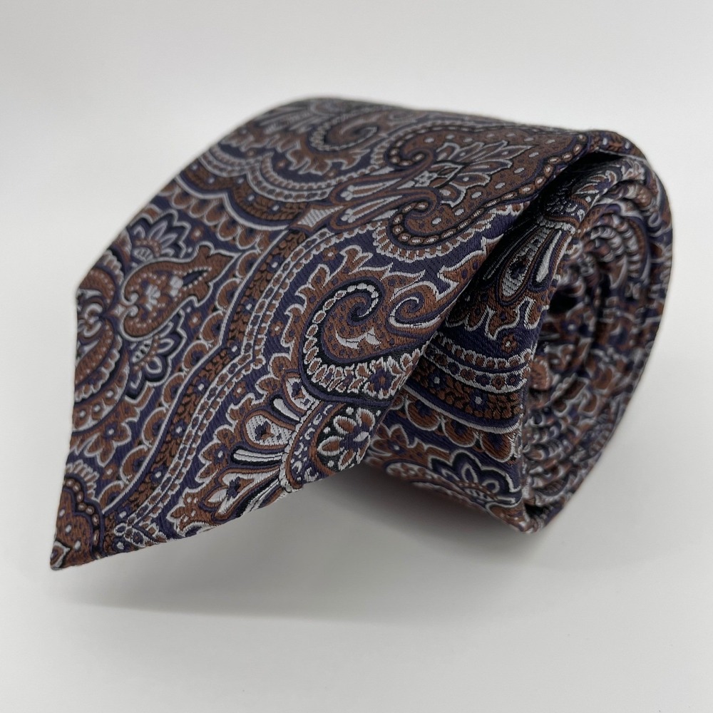Jos. A. Bank Signature Collection Men's Silk Paisley Tie Navy Blue Brown Silver